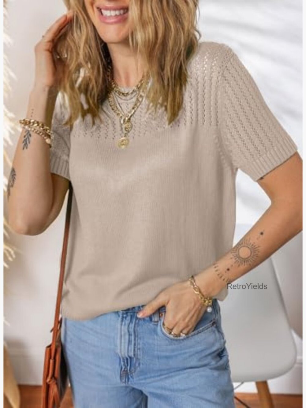 Crewneck Short Sleeve Loose Knit Blouse Tunic - Picture 3 of 7